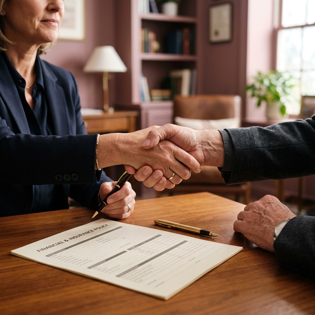 warm handshake between advisor and client with insurance documents